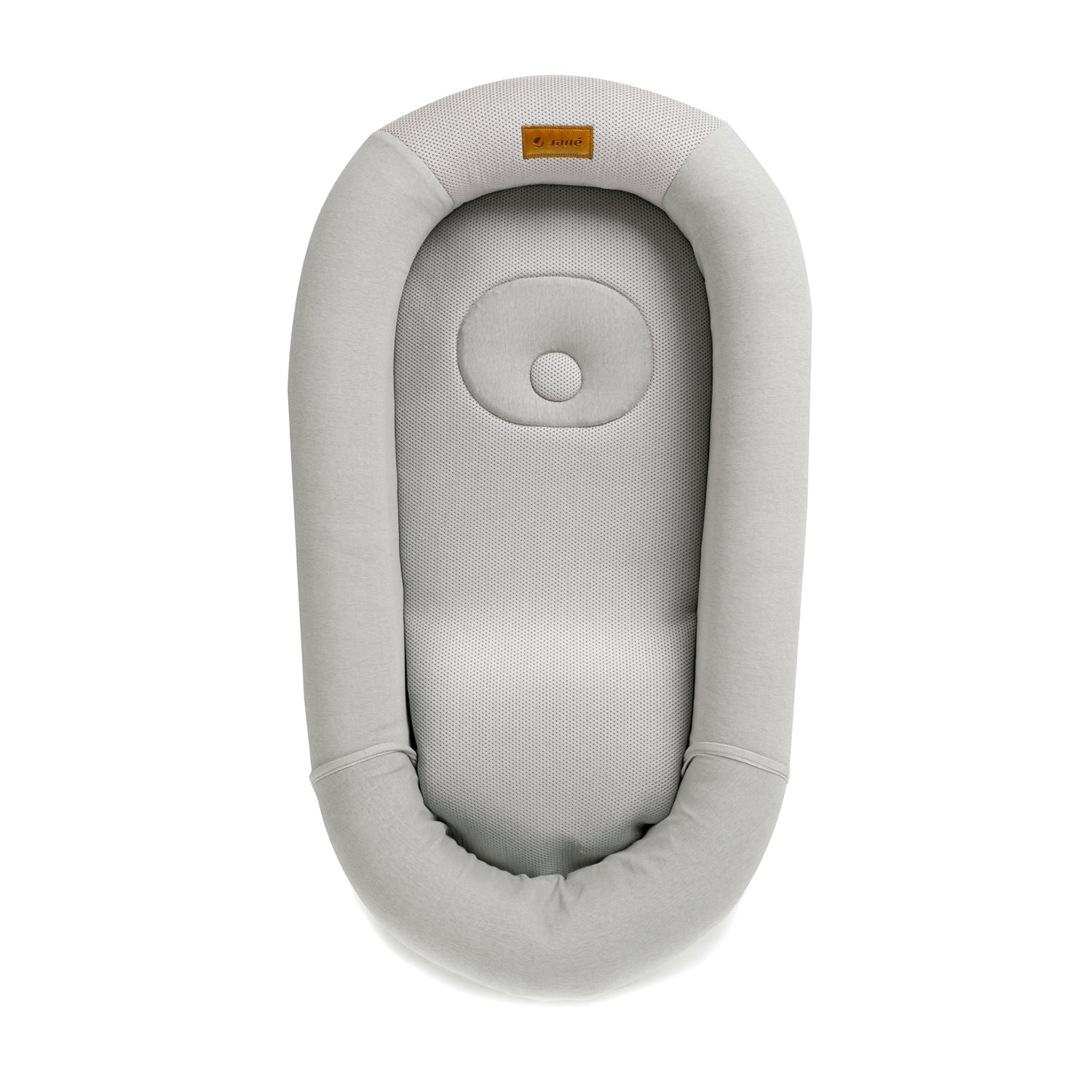 Gray baby bed with a small round window on a white background