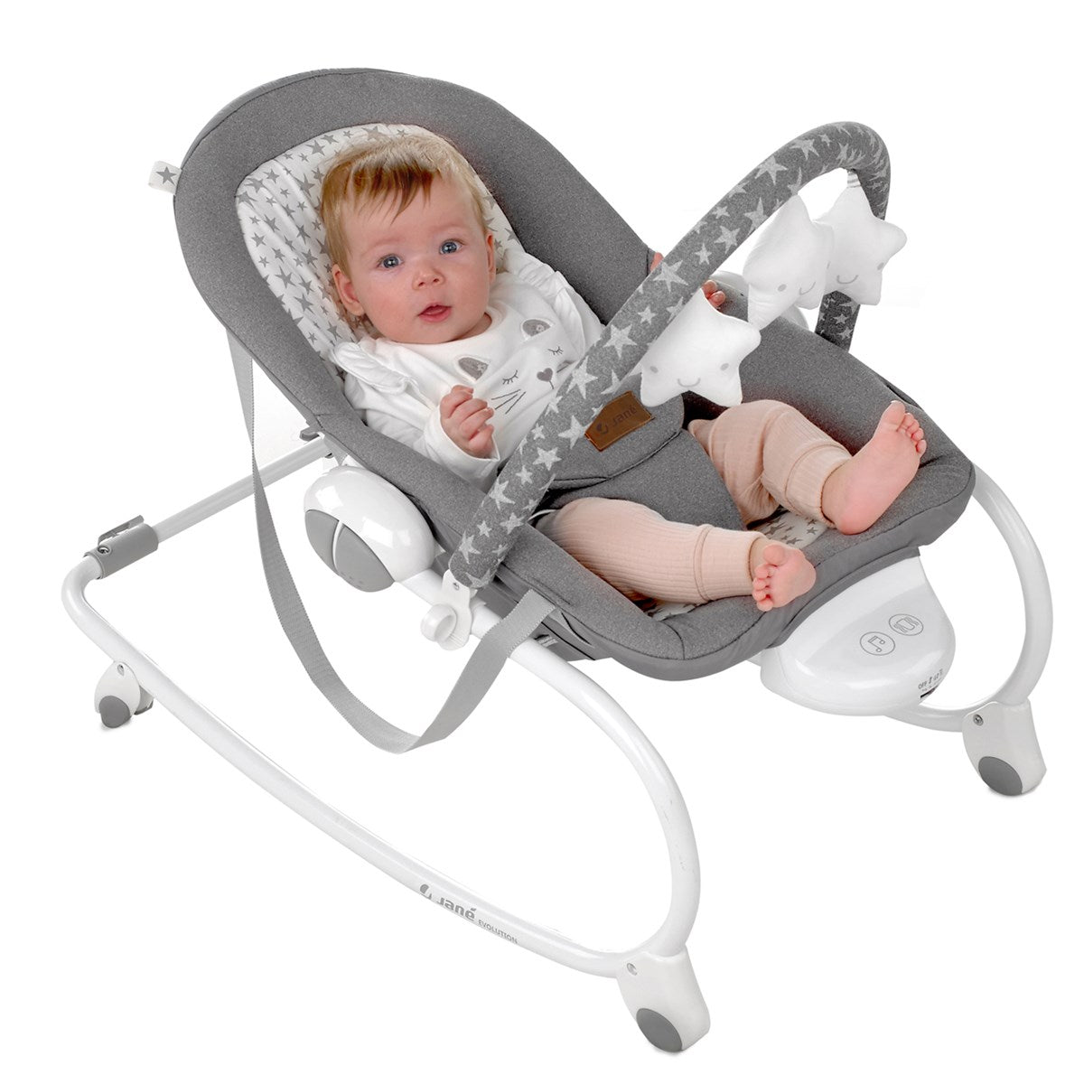 Baby in a gray and white baby swing on a white background