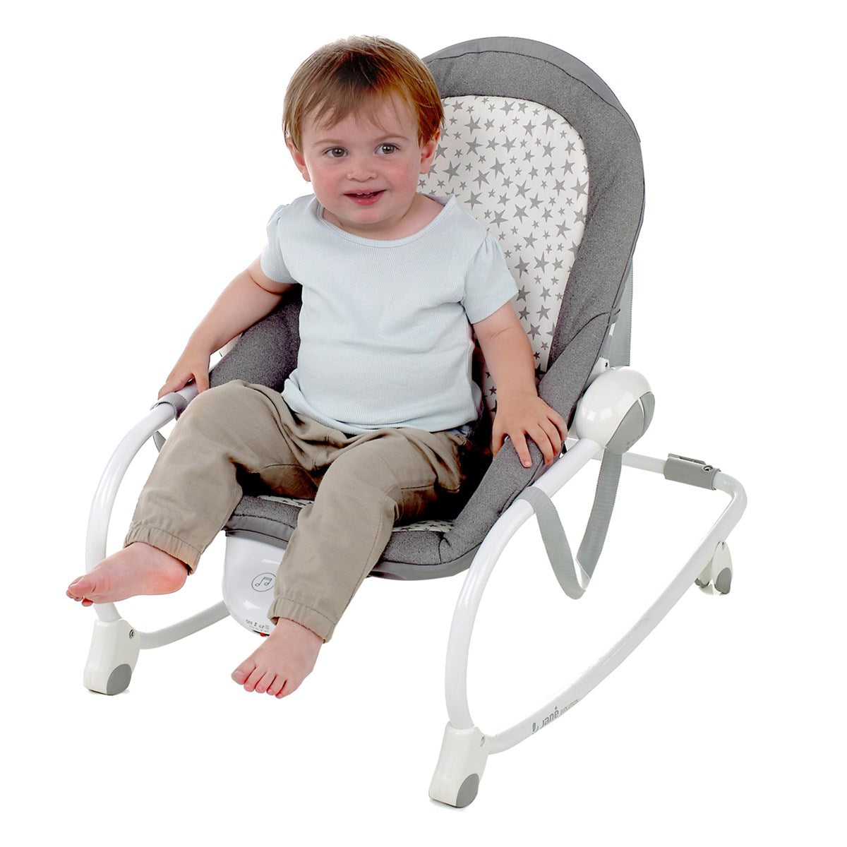 Child sitting in a gray baby bouncer with white stars on a white background