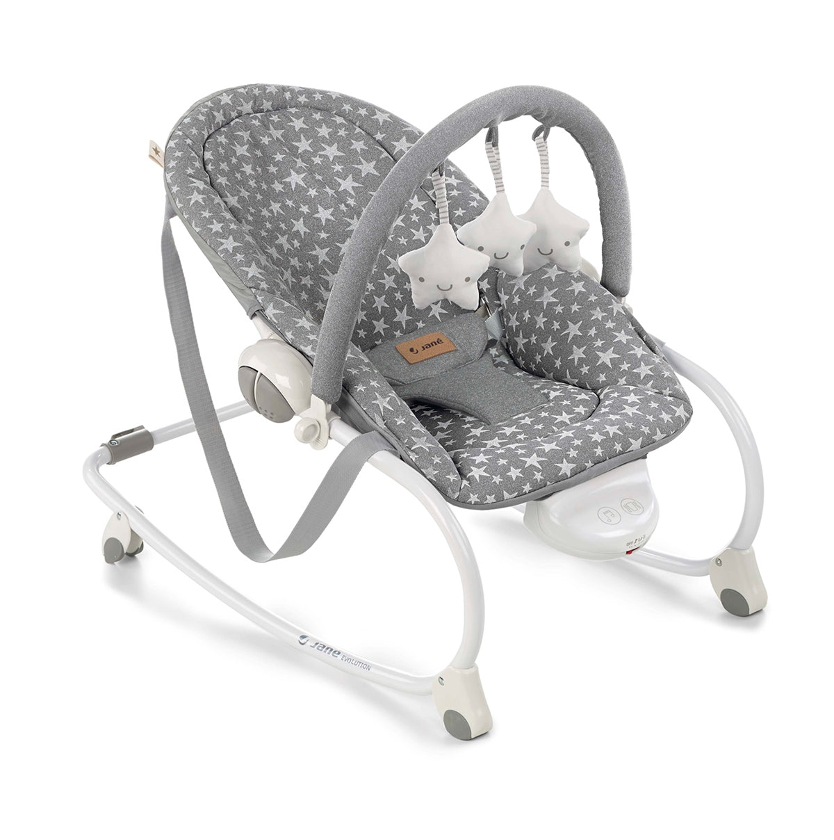 Baby bouncer with star pattern on a white background