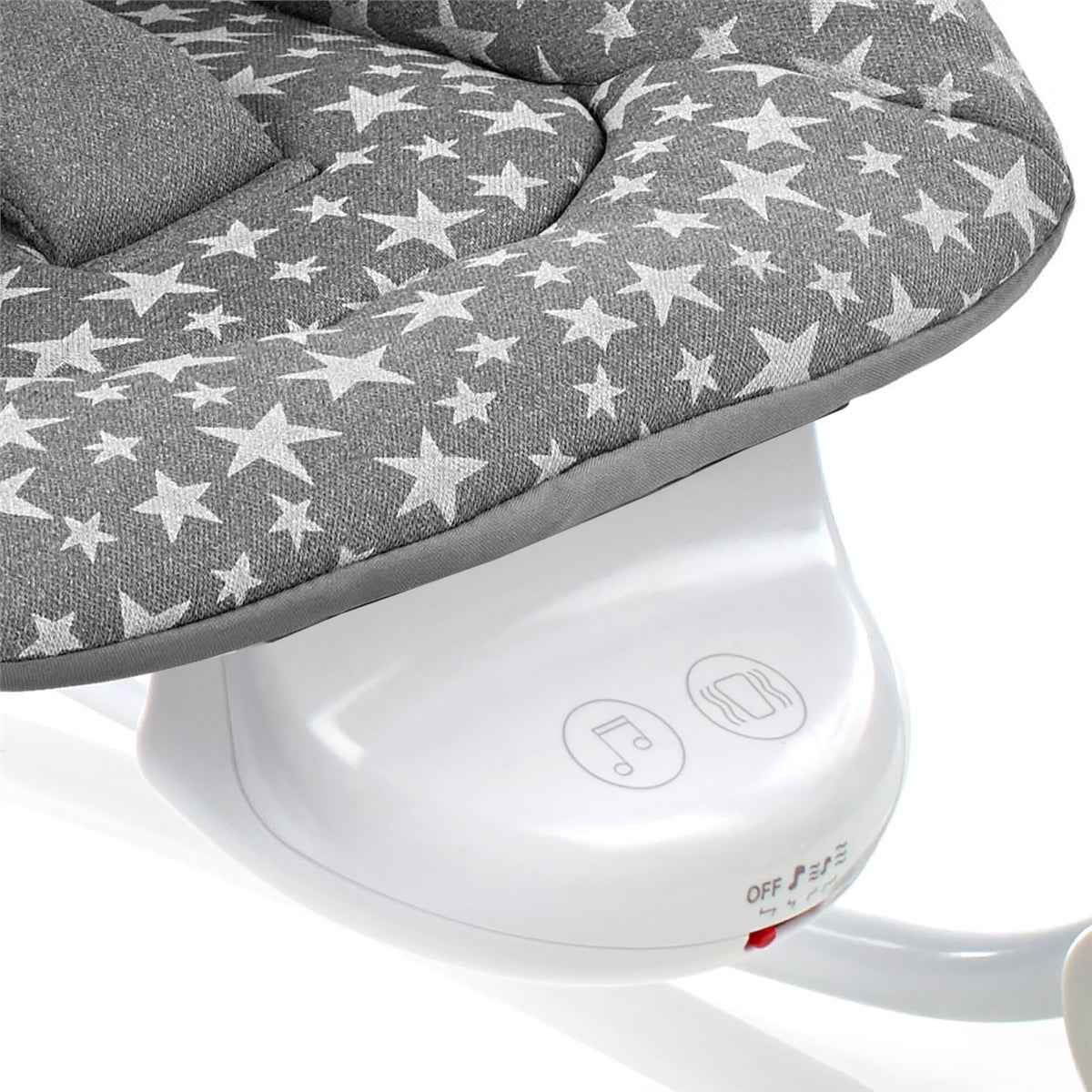 Baby bouncer with star-patterned cover and control panel on a white background