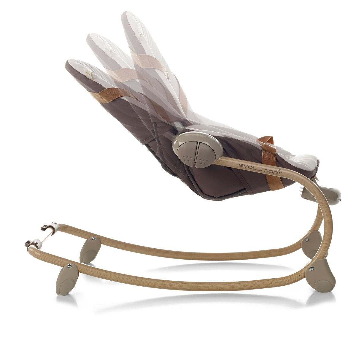 Modern baby bouncer with transparent seat and brown frame on a white background