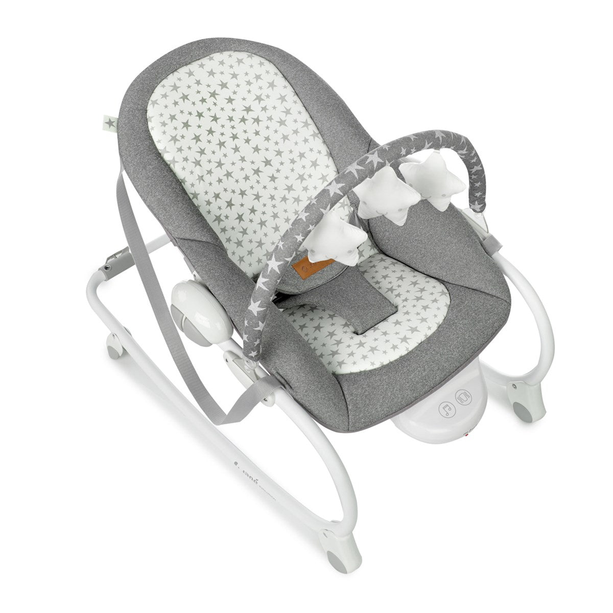 Gray baby swing with white stars and patterns on a white background