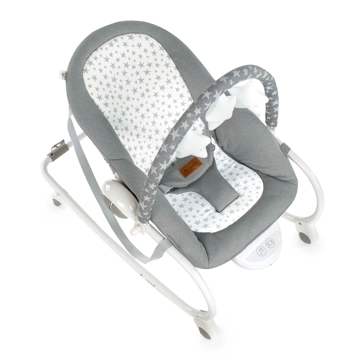 Baby bouncer with gray and white pattern on a white background