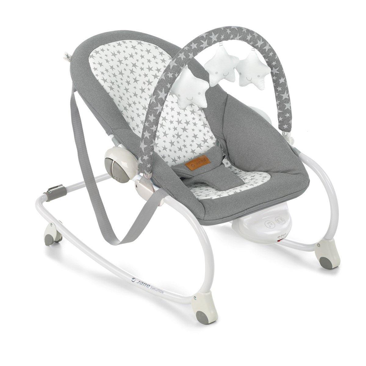 Baby bouncer with gray and white patterned seat on a white background
