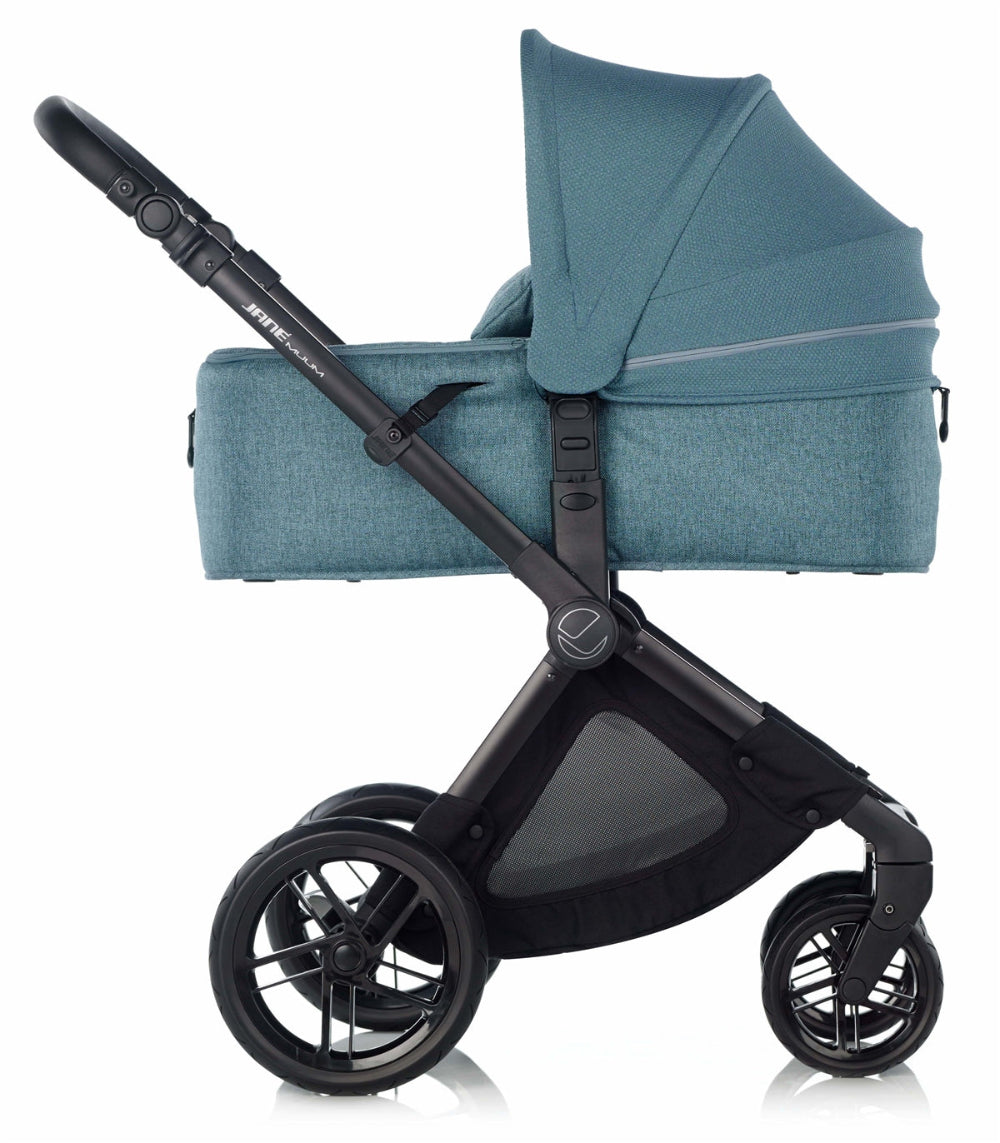 Blue baby stroller with a black frame on a white background