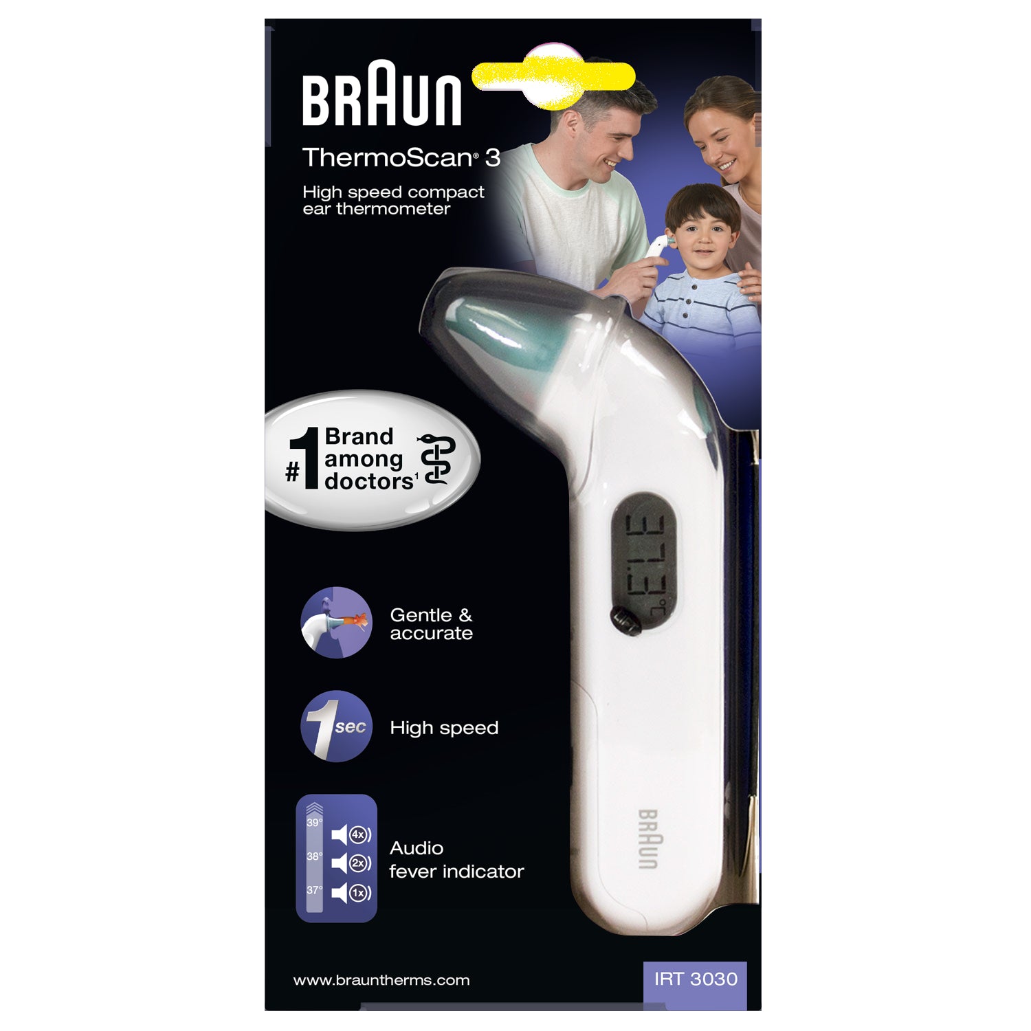 Braun ThermoScan 3 ear thermometer packaging with family illustration on a white background
