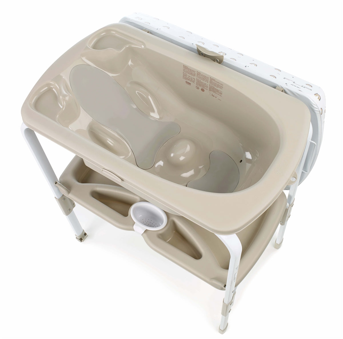 Beige baby bath seat with white legs on a white background
