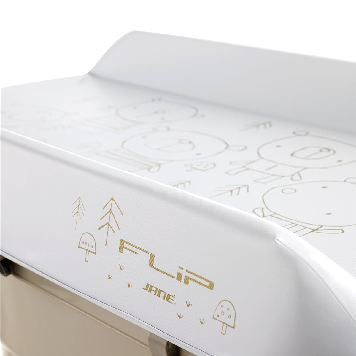 White changing table with gold 'FLiP' and 'JANE' branding on a white background