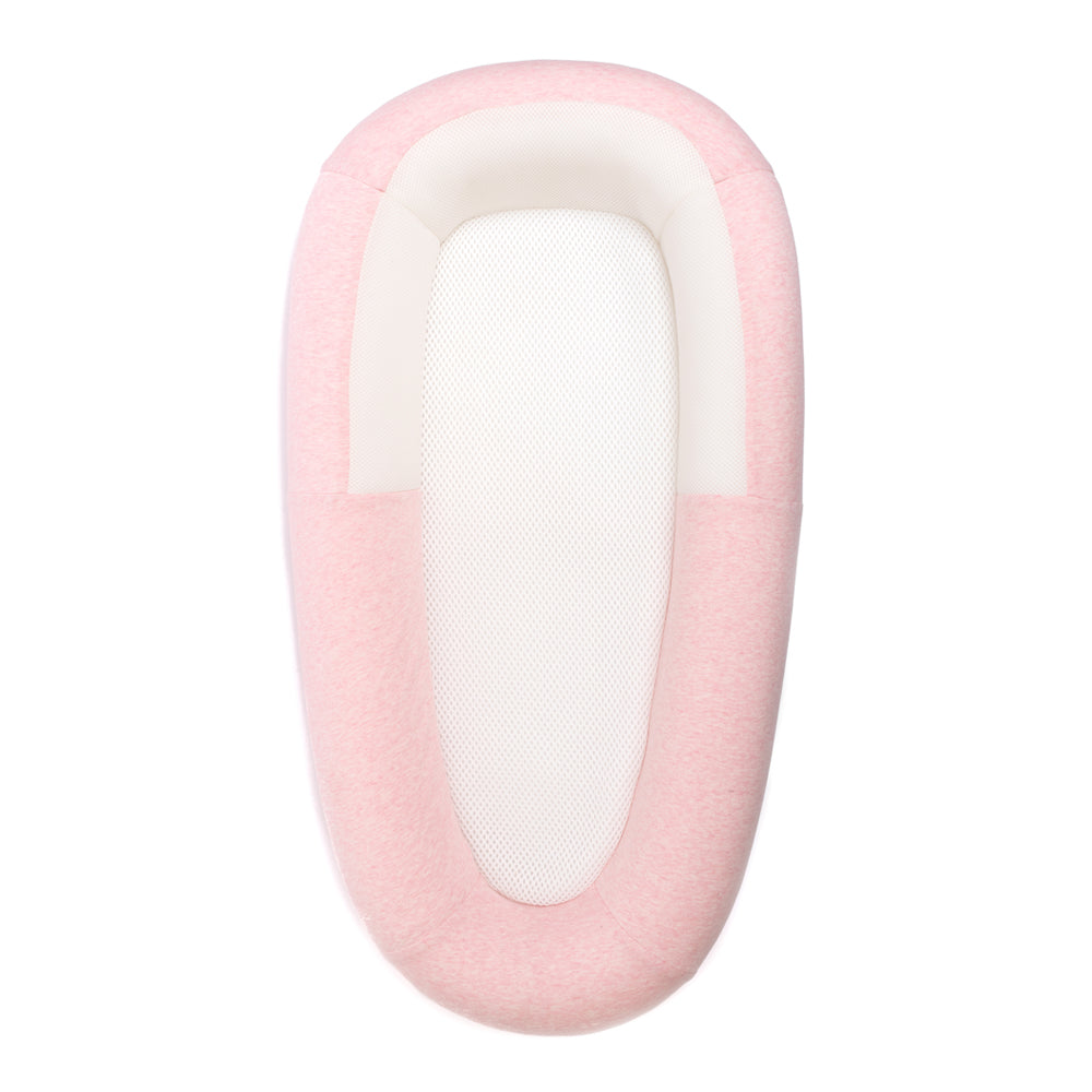 Pink and white oval-shaped product on a white background