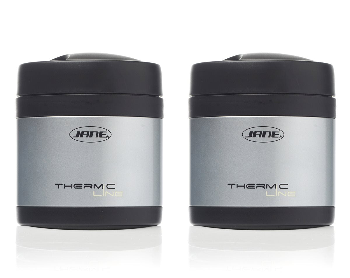 Two silver and black thermos containers with 'JANE' branding on a white background