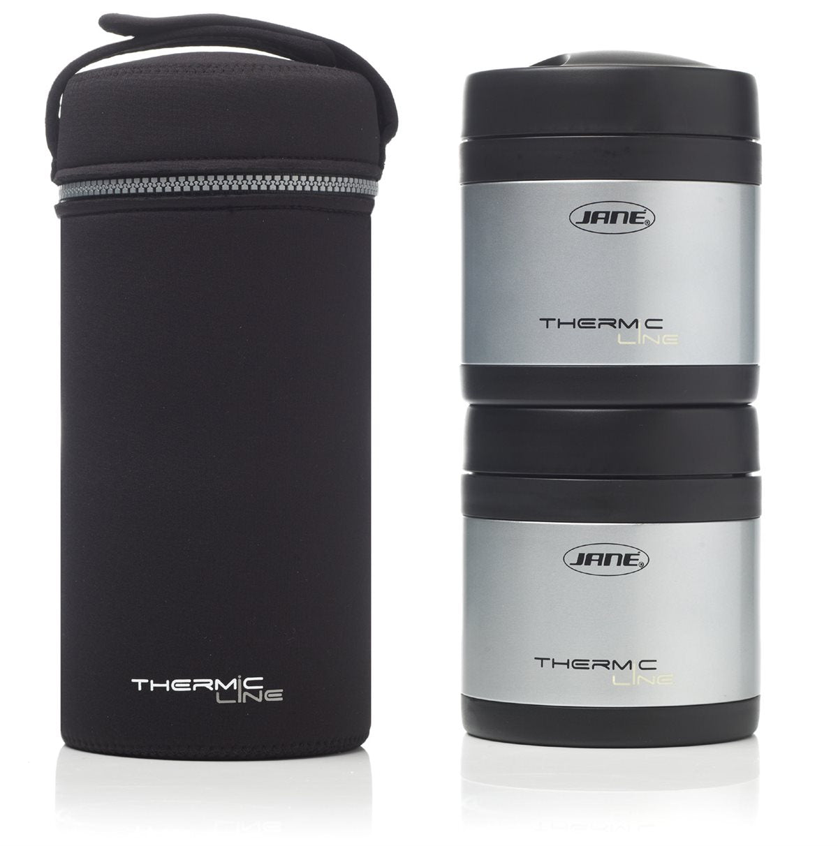 Two thermos bottles with black and silver design on a white background