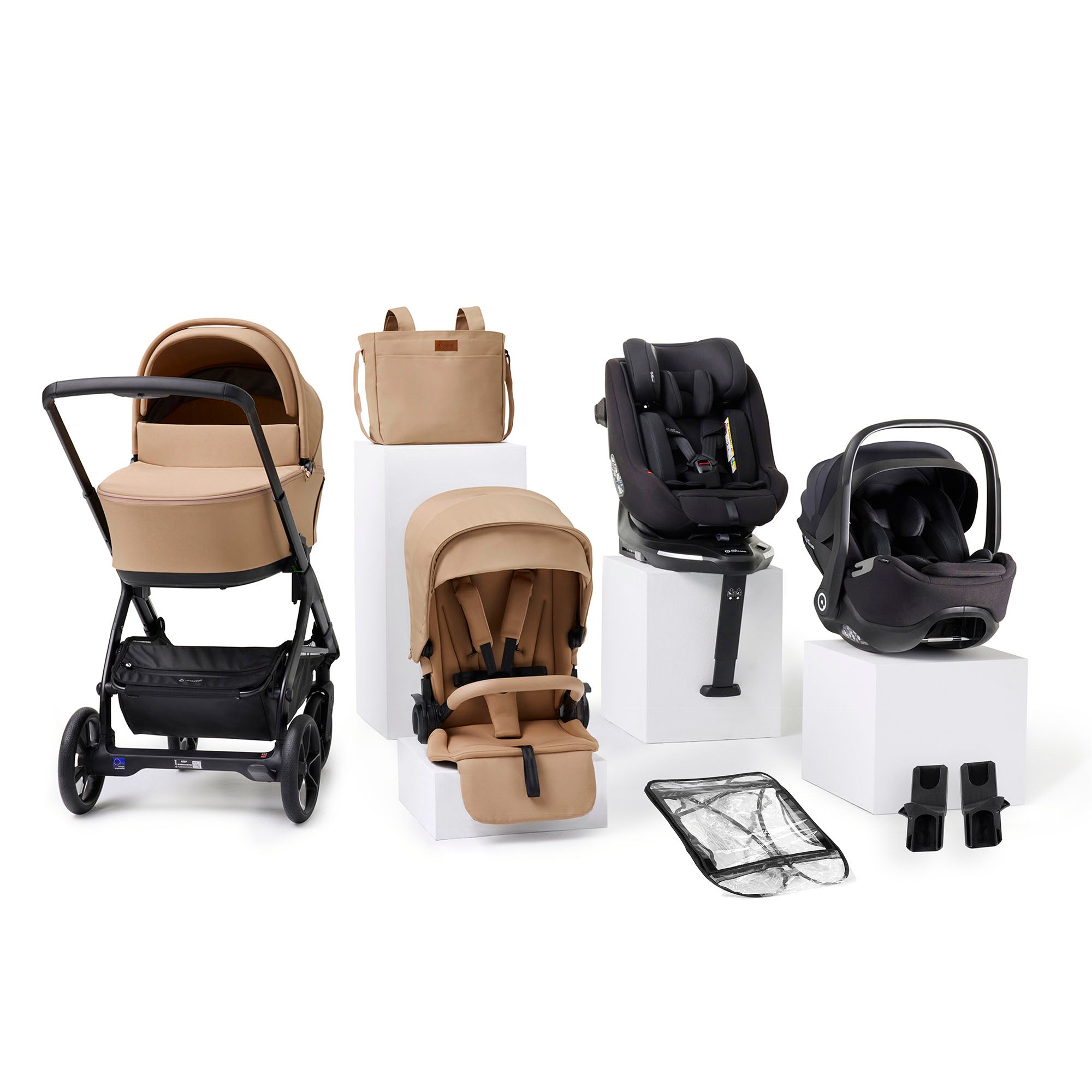 Collection of baby strollers and car seats on a white background