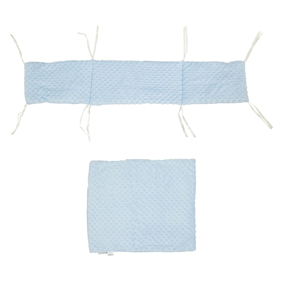 Light blue quilted baby crib bumper with white strings on a white background