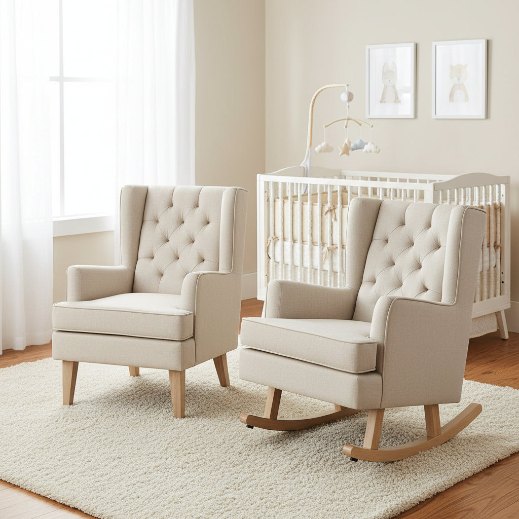 Nursery with beige armchair, rocking chair, and crib.