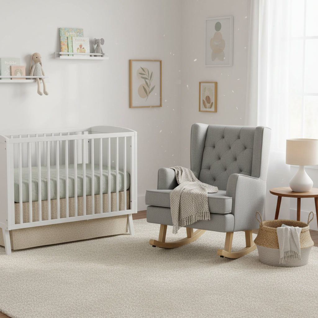Nursery room with a crib, rocking chair, and decorative elements.