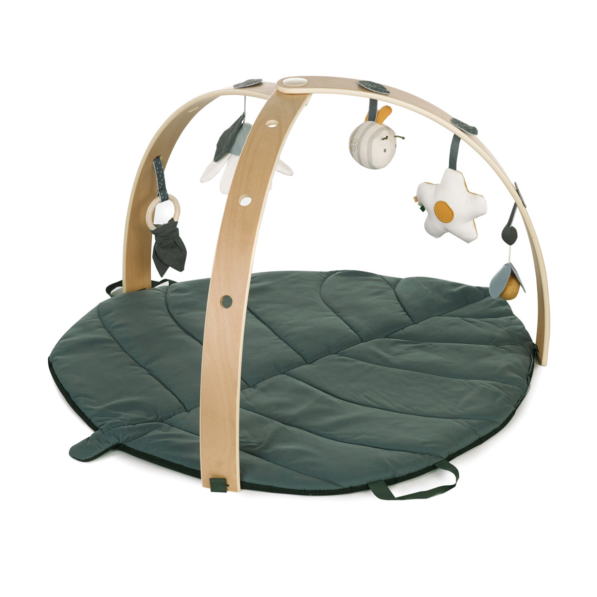 Baby play gym with green mat and wooden arch on a white background