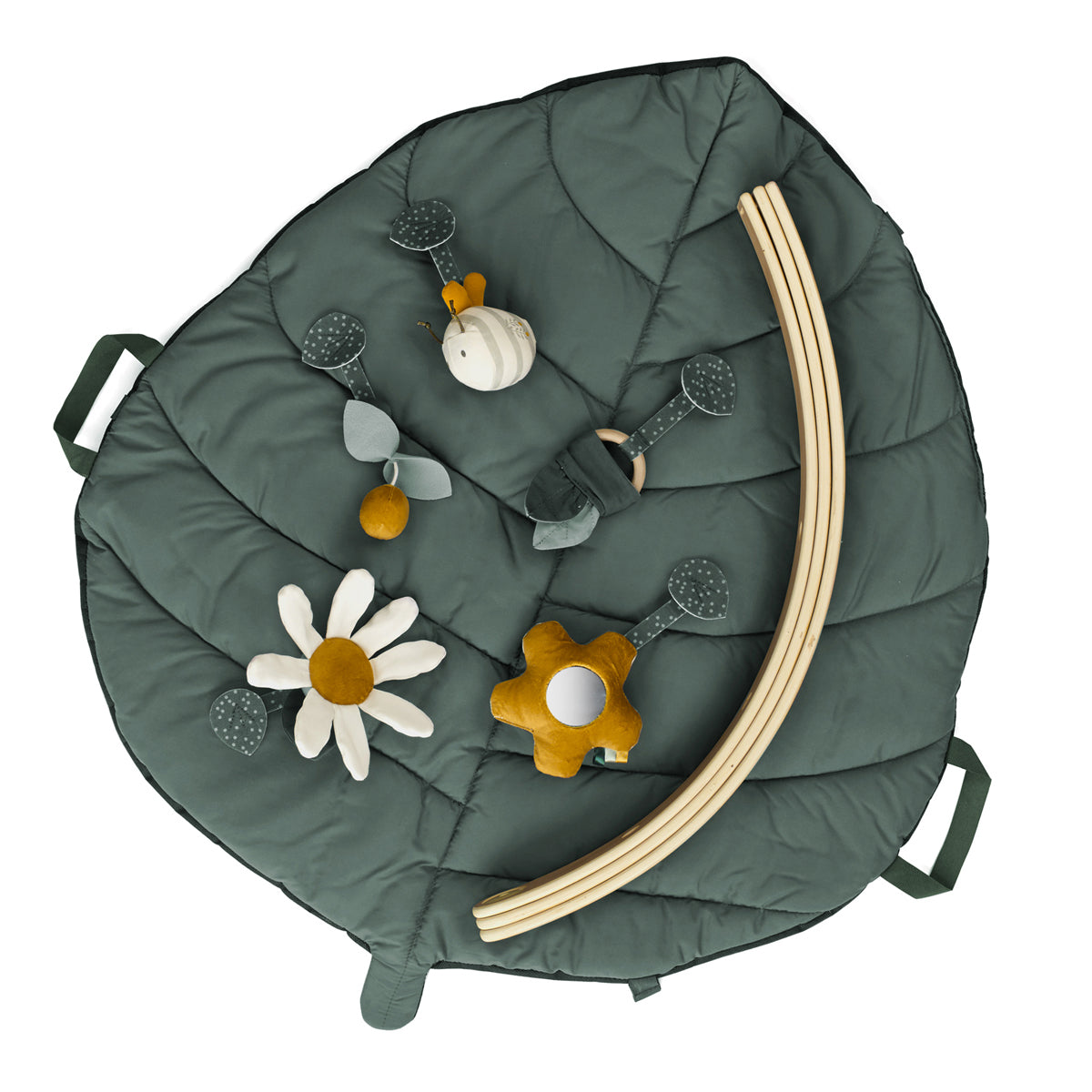 Green play mat with toys on a white background