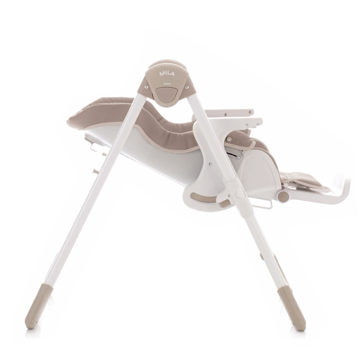 Baby high chair with beige seat and white frame on a white background