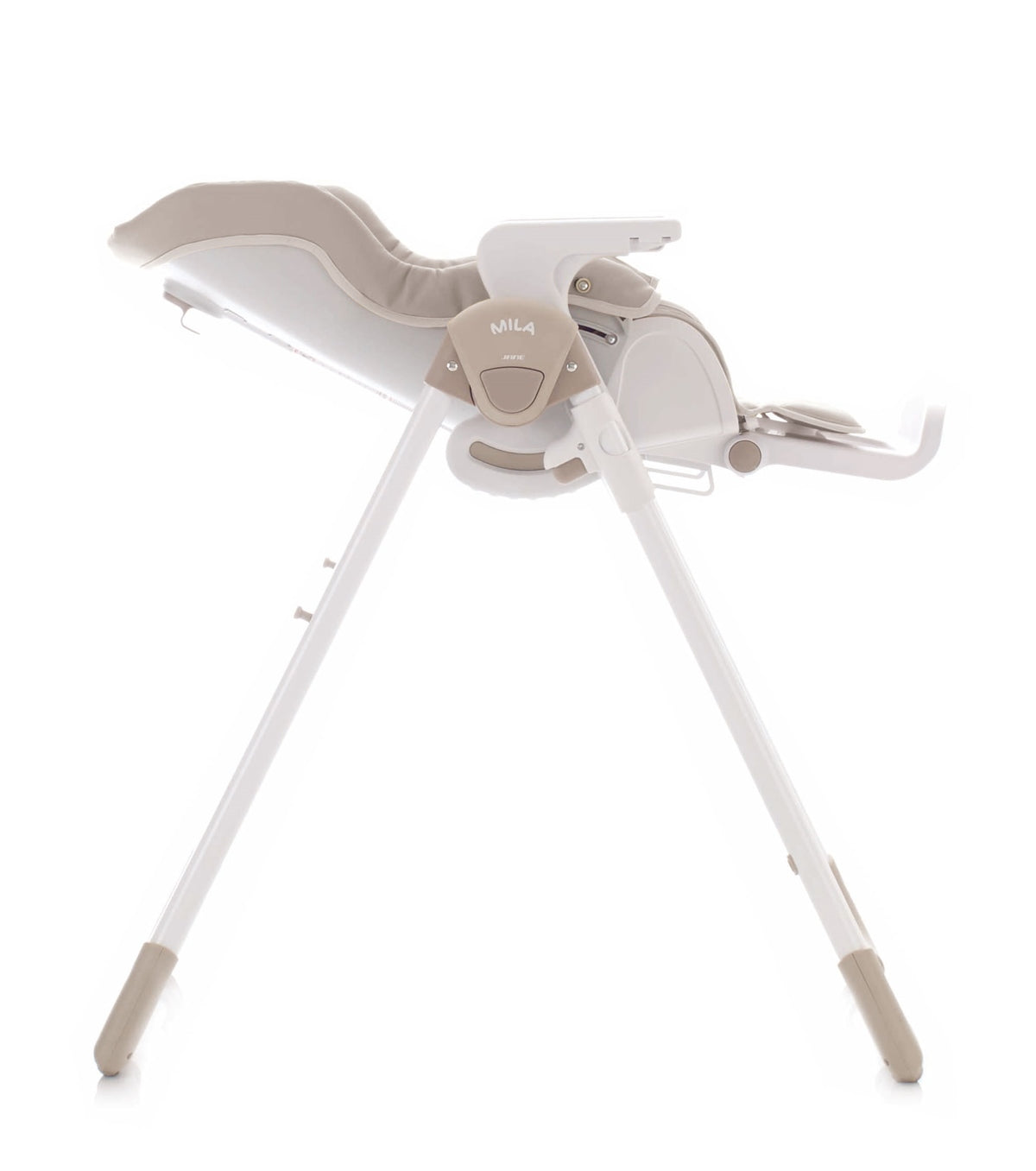 White baby high chair with beige accents on a white background