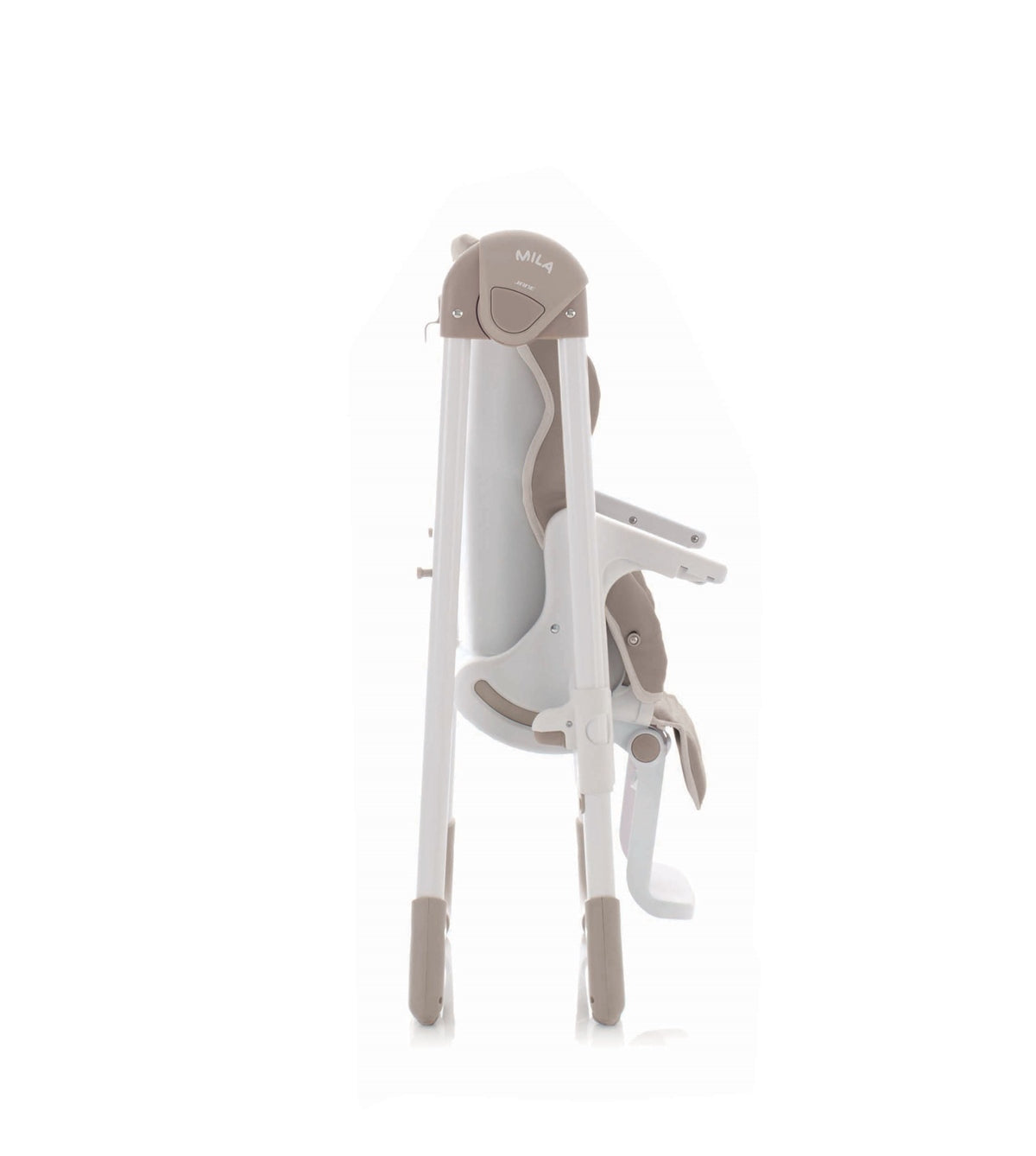 White and gray baby high chair on a white background