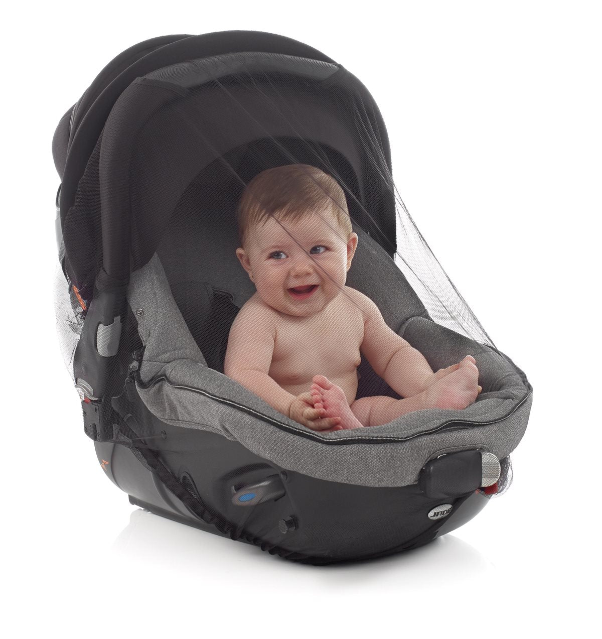 Baby sitting in a car seat on a white background