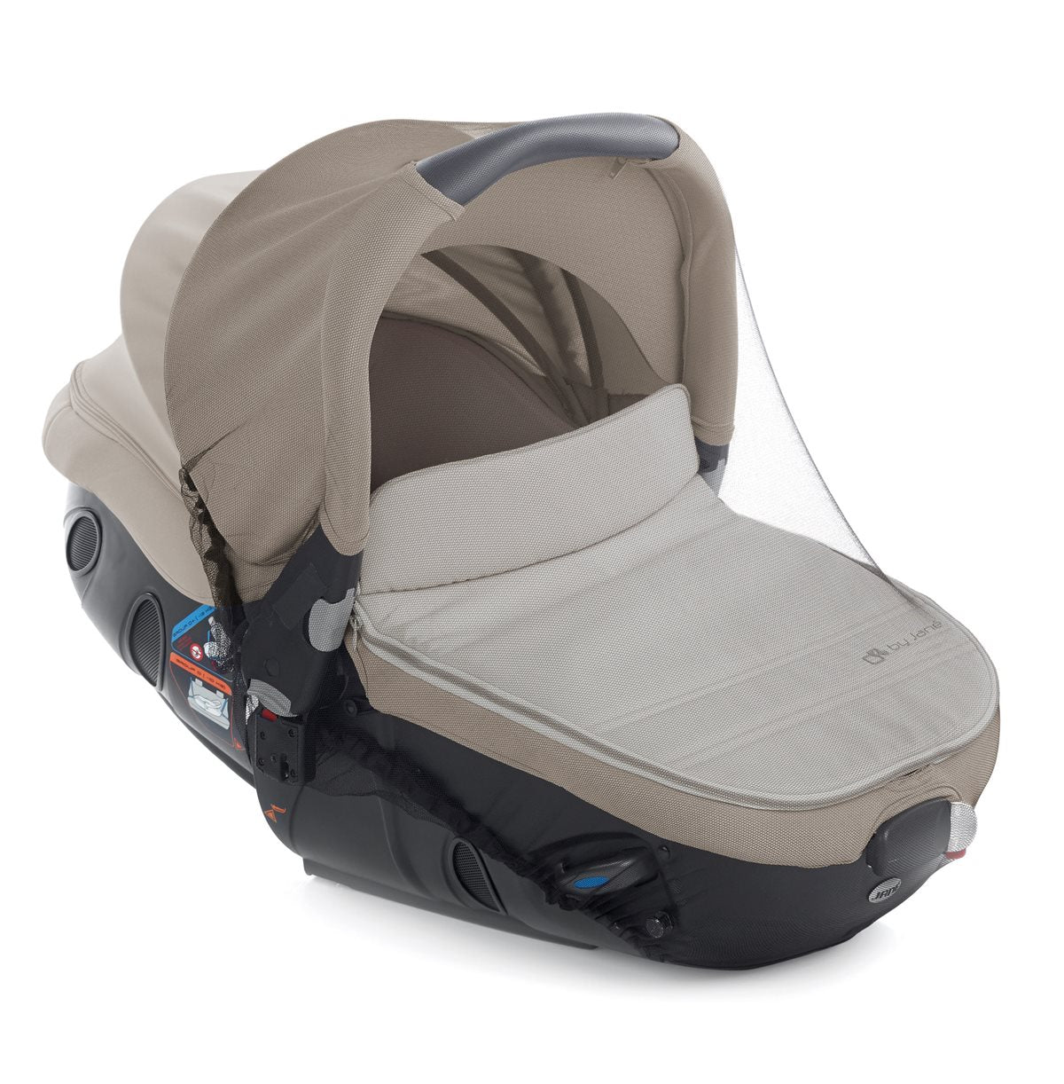 Beige and black baby car seat with canopy on a white background