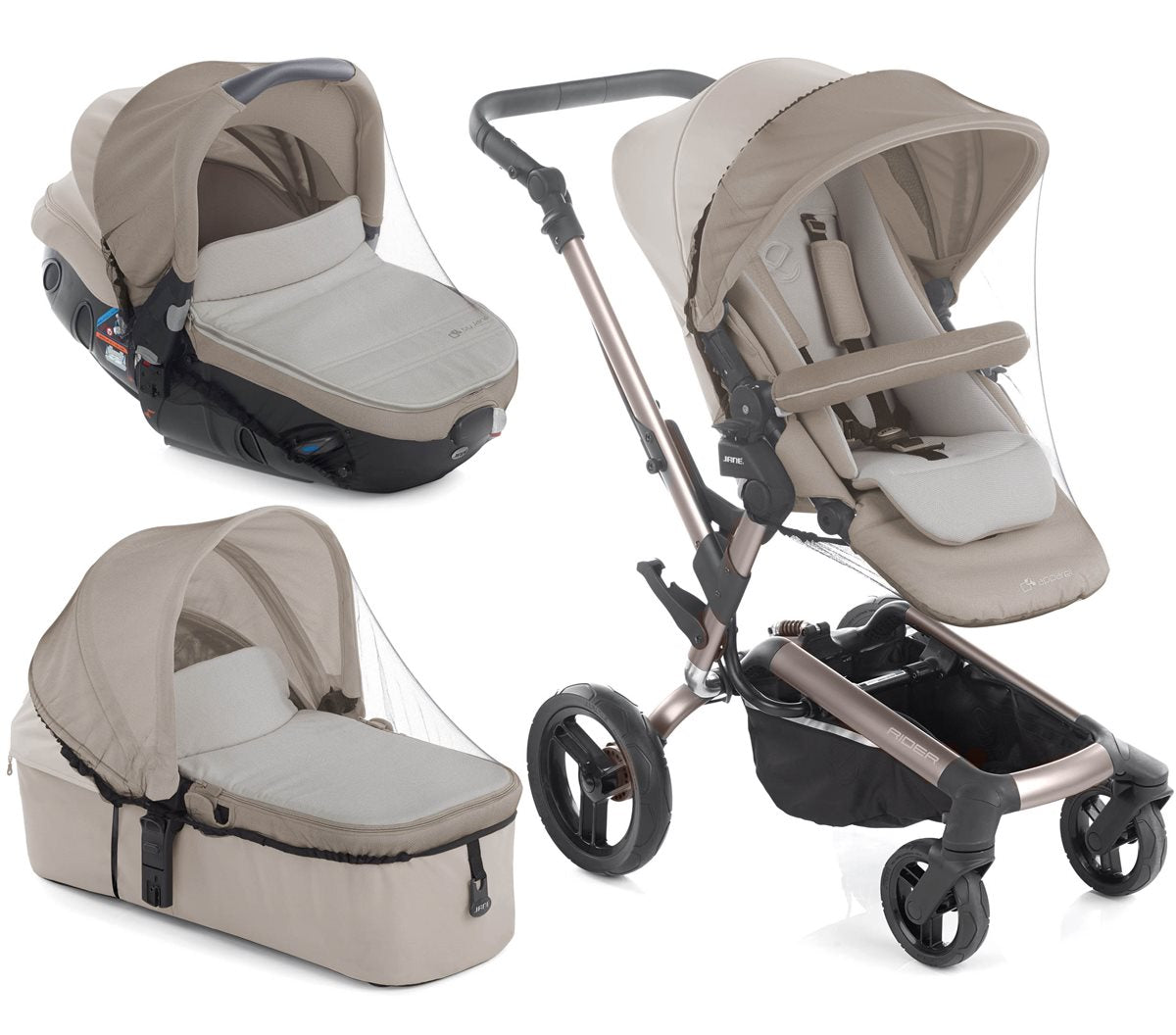 Beige and black stroller with canopy and bassinet on a white background