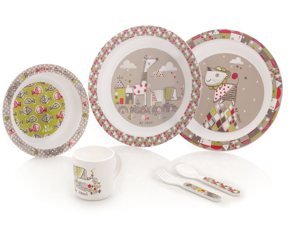 Children's dinnerware set with patterned plates, mug, and cutlery on a white background