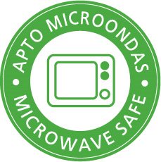 Green label with a microwave icon and text 'Apto Microondas Microwave Safe' on a white background