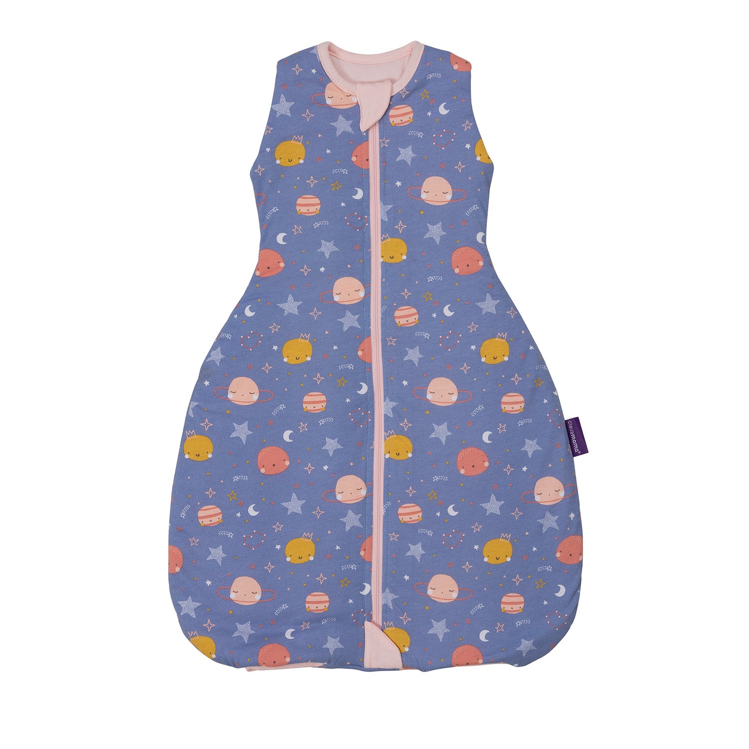 Baby sleeping bag with space-themed pattern on a white background