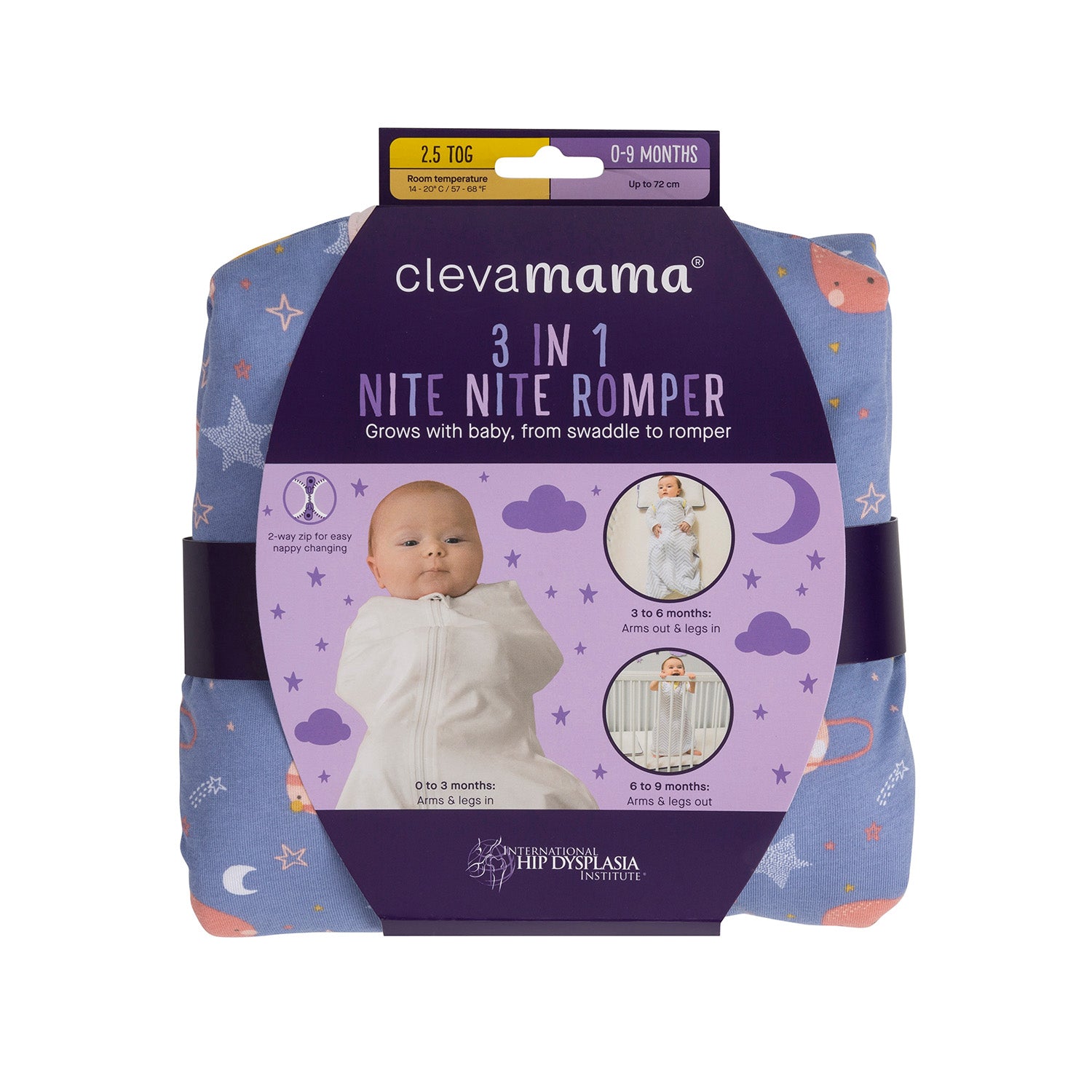 Clevamama 3-in-1 Nite Nite Romper packaging on a white background