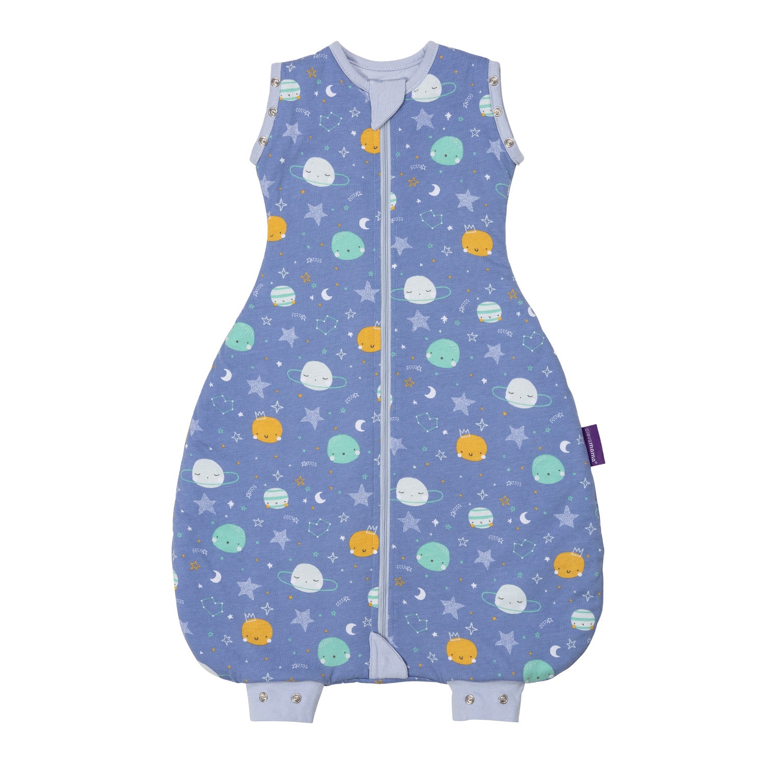 Children's sleeping bag with space-themed print on a white background