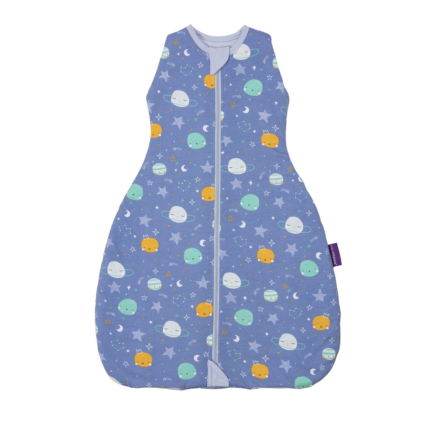Baby sleeping bag with space-themed pattern on a white background