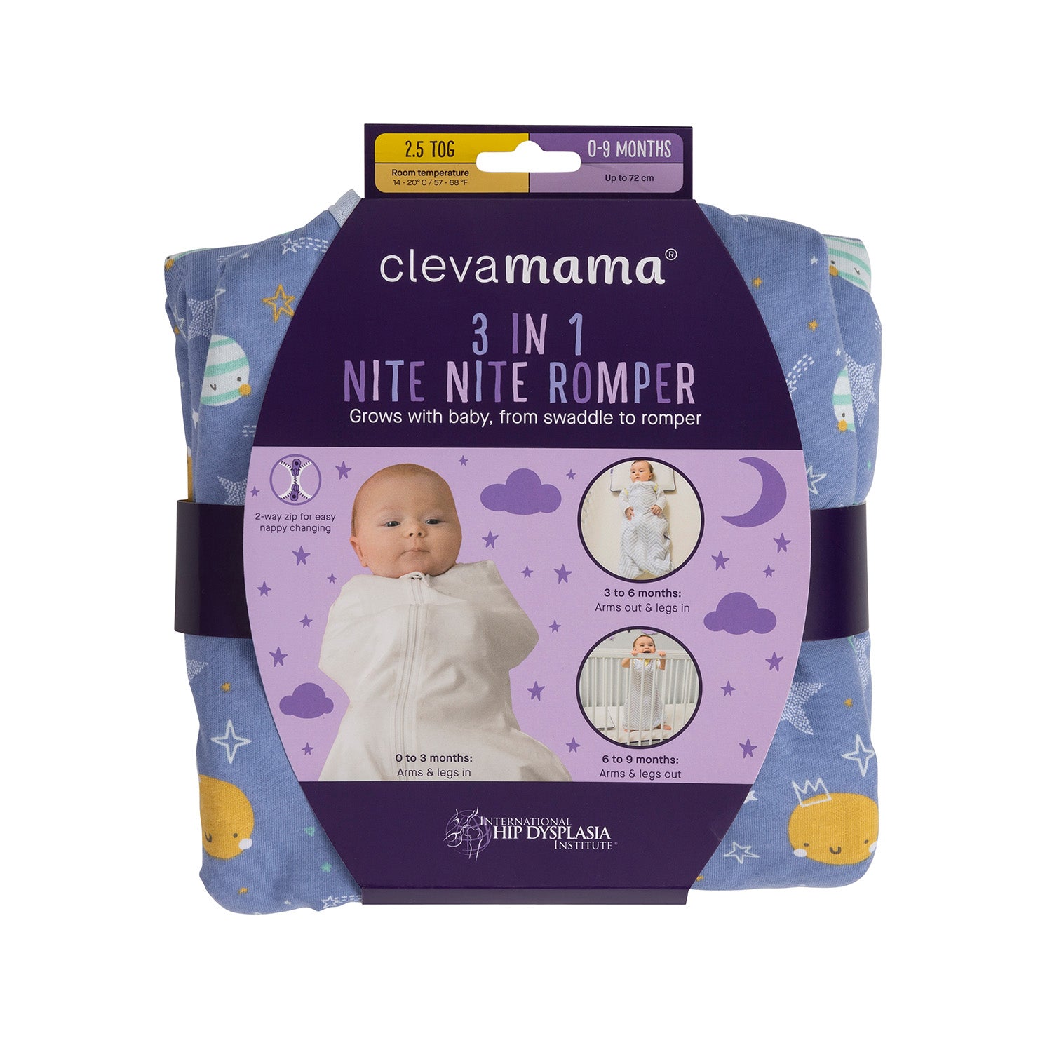 Clevamama 3-in-1 nite nite romper packaging on a white background