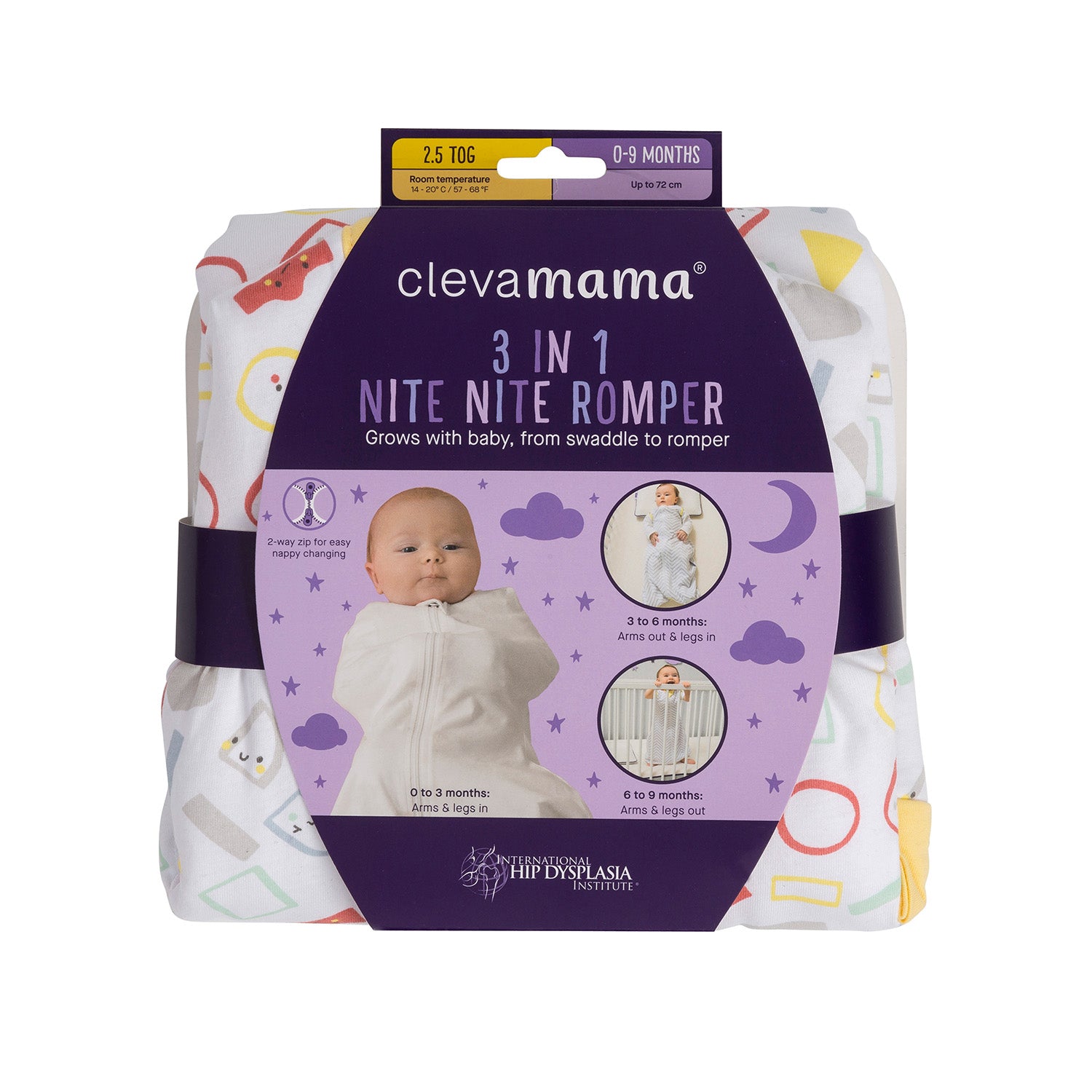 Clevamama 3-in-1 nite nite romper packaging on a white background