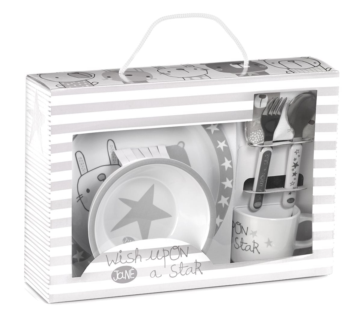 Children's tableware set with plate, cup, and cutlery in a box labeled 'Wish upon a Star'.