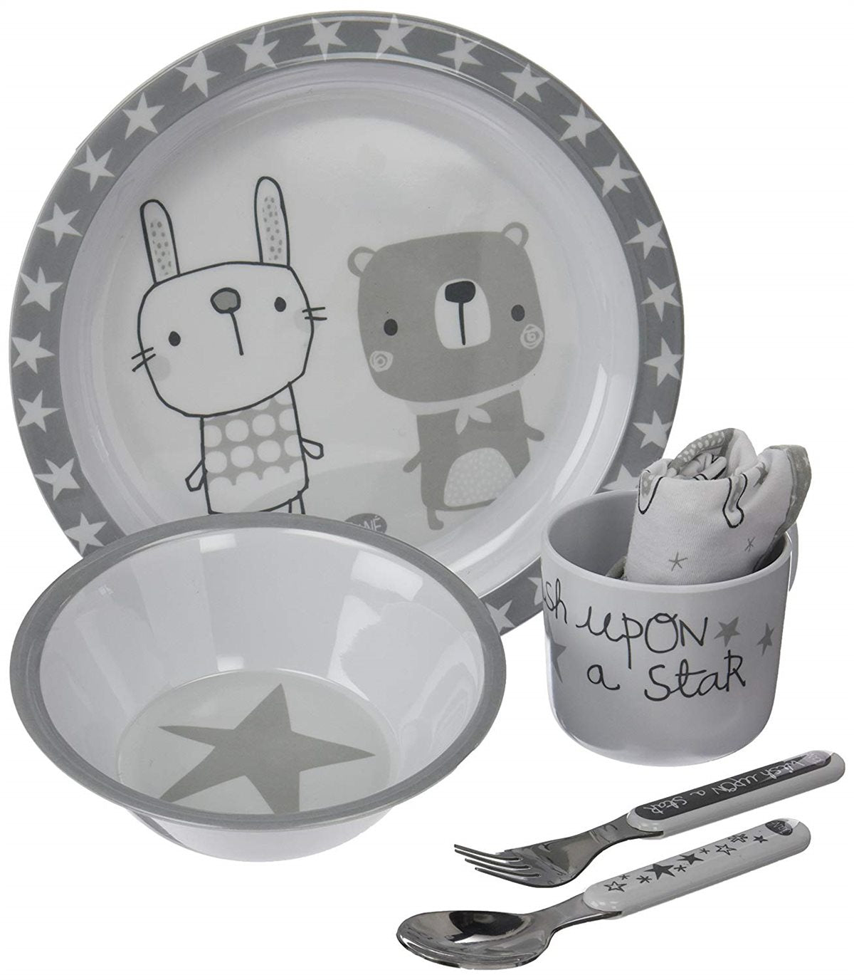 Children's dinnerware set with cartoon characters on a white background