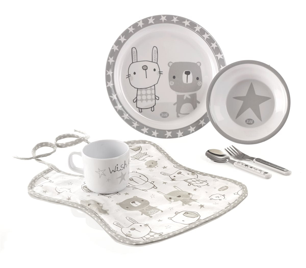 Children's dinner set with plates, mug, bib, and cutlery featuring cartoon animals on a white background.