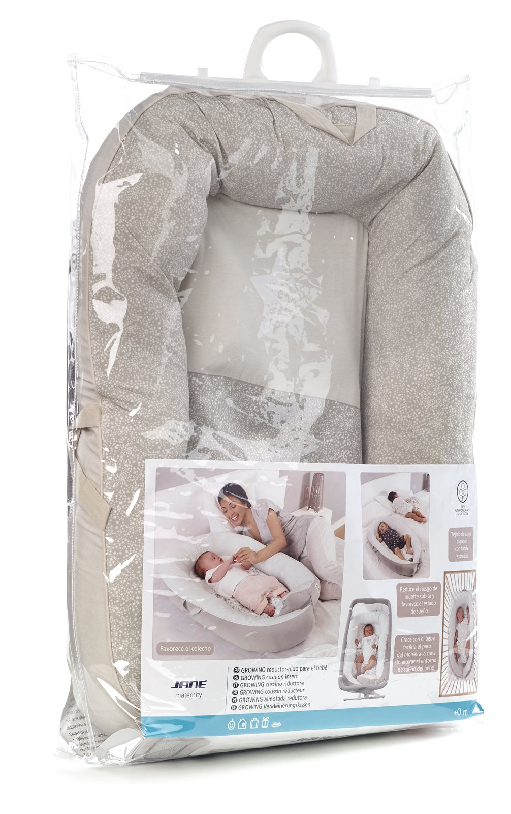 Packaged baby product with a clear window showing gray cushion and white label with images and text.