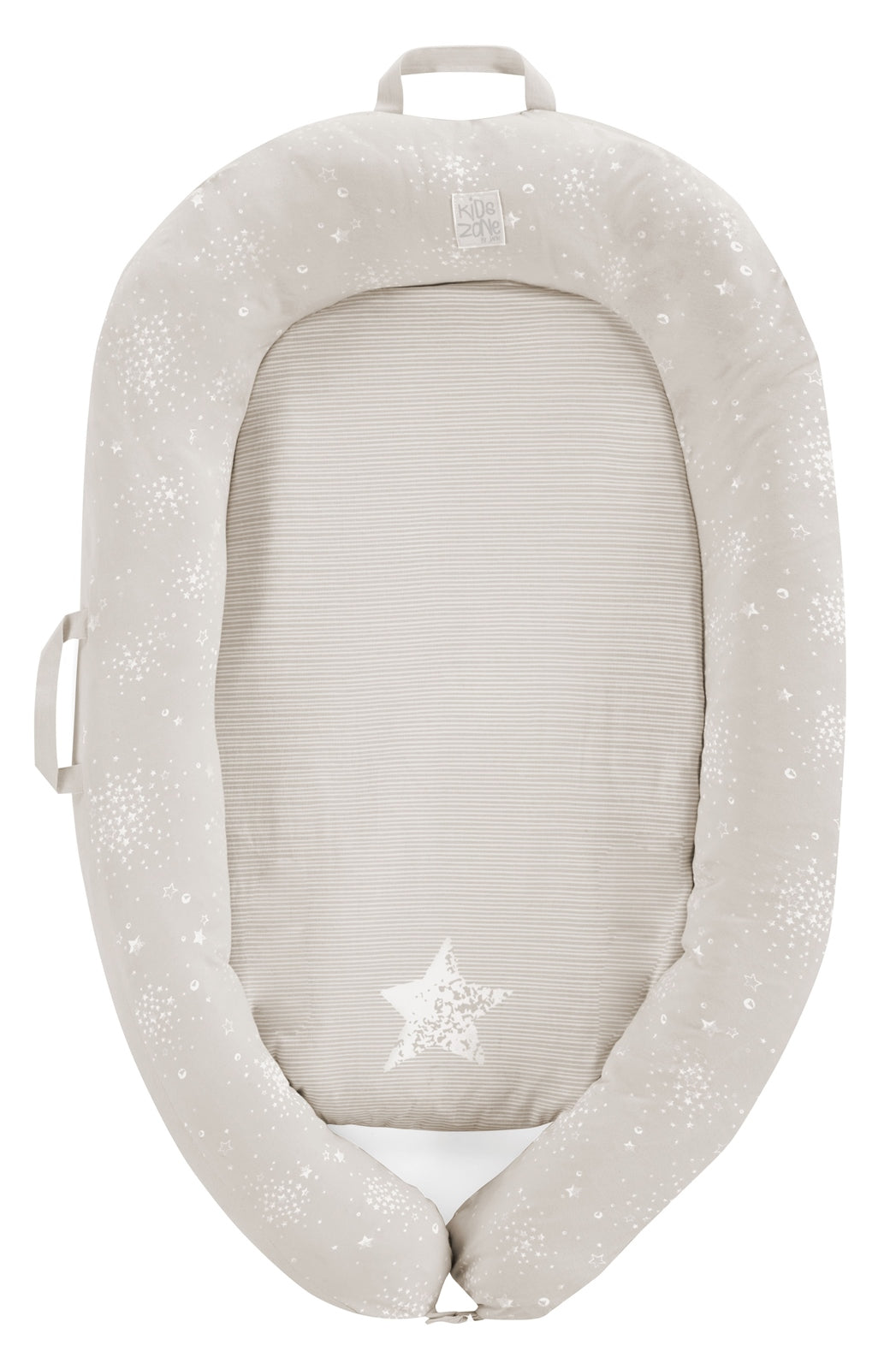 Gray baby bed with star design on a white background