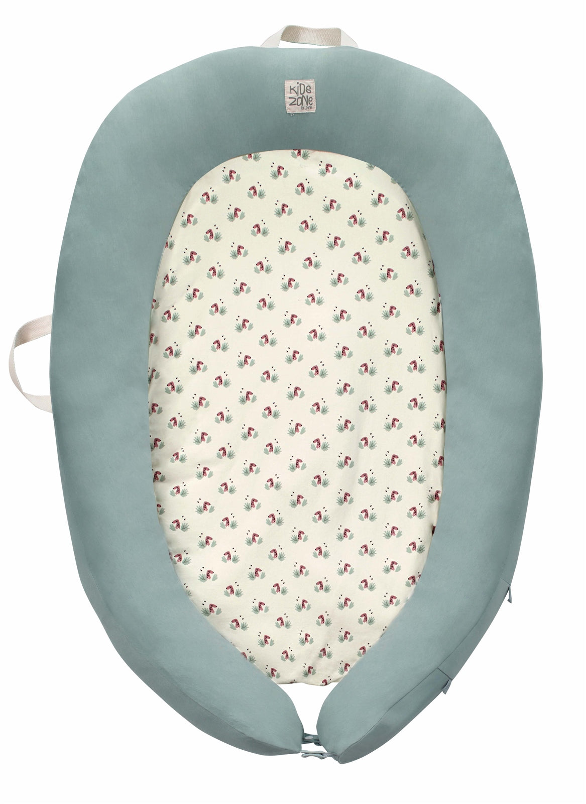 Baby bed with floral patterned interior on a white background