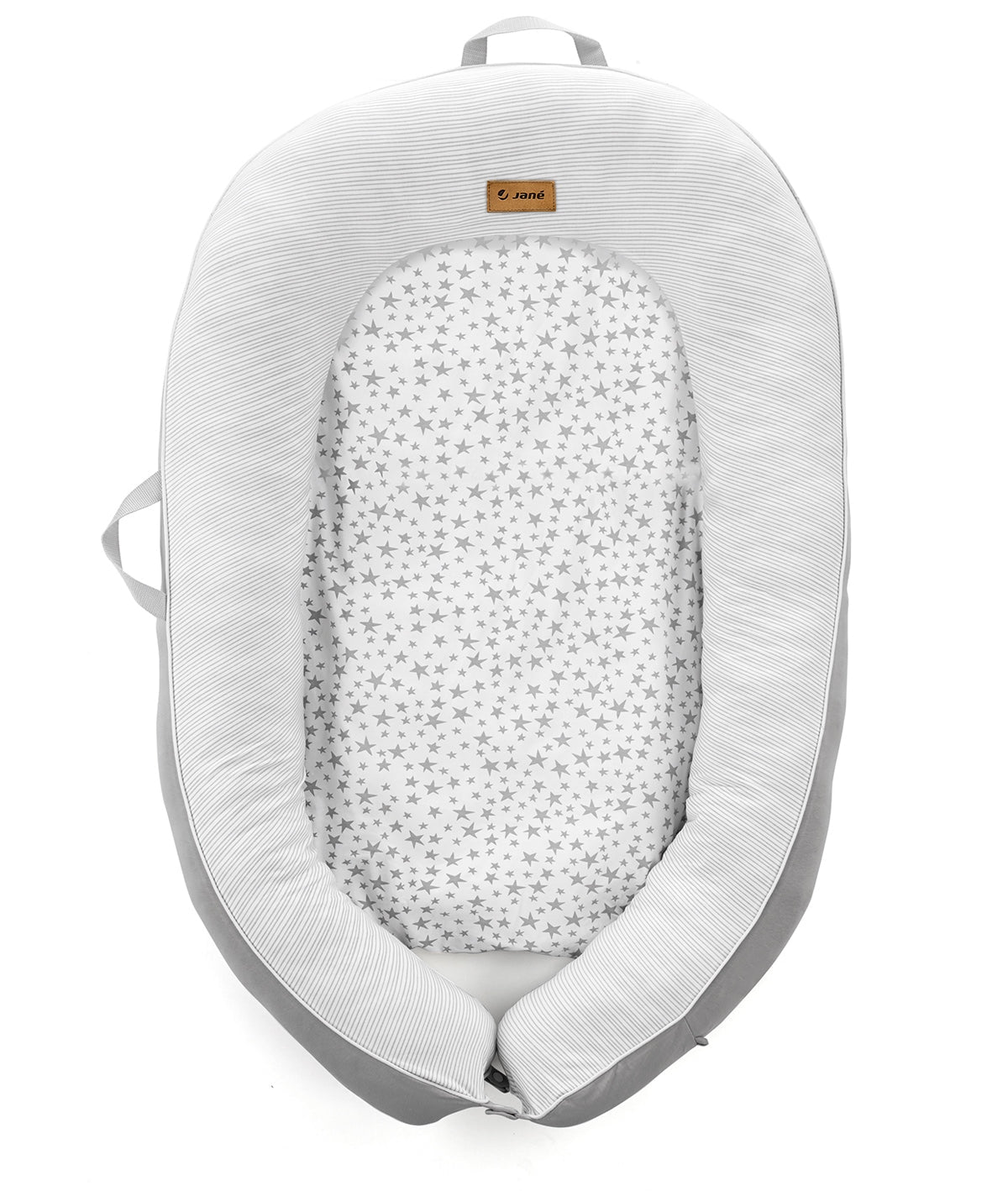 Baby bed with gray and white patterned interior on a white background