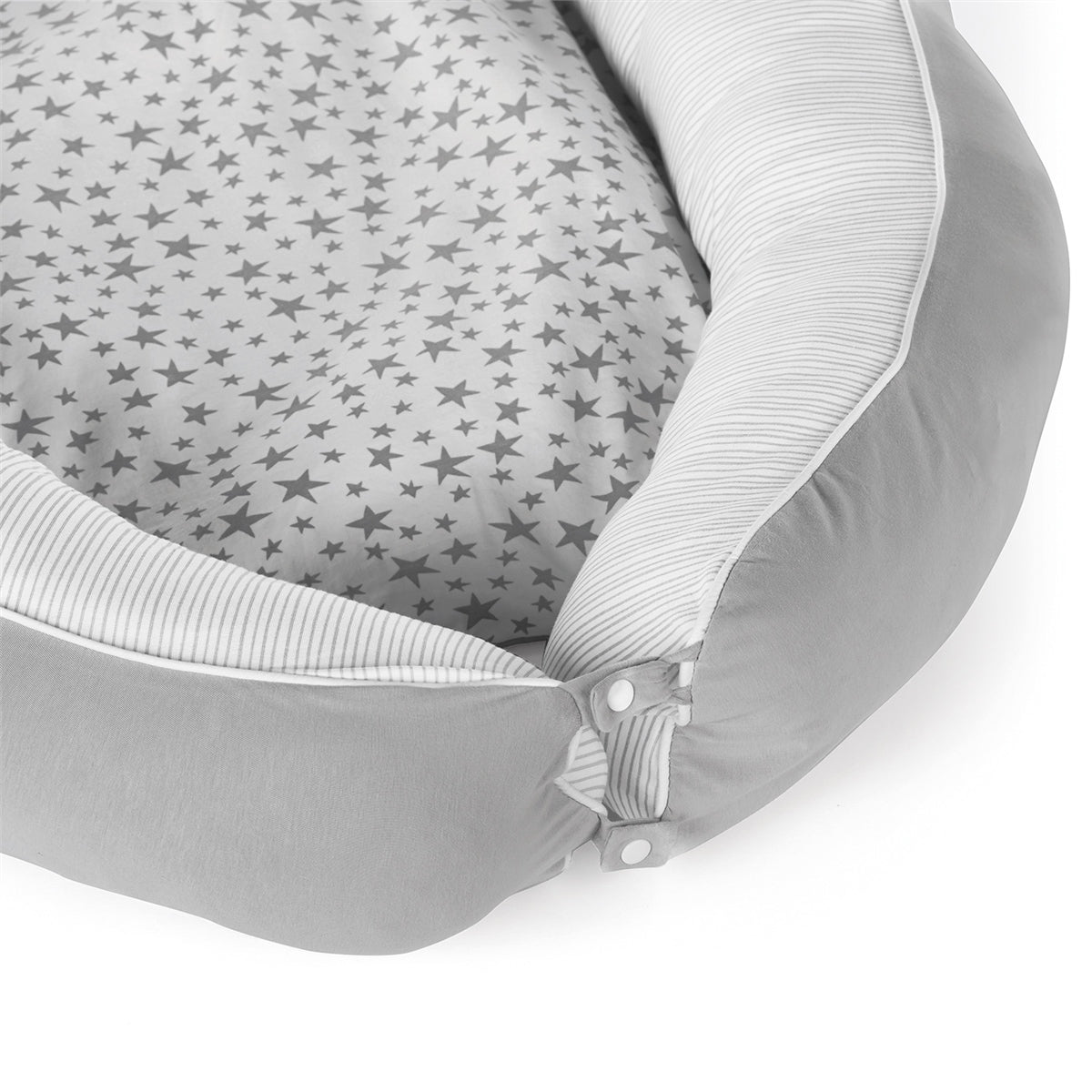 Gray baby bed with star pattern on a white background