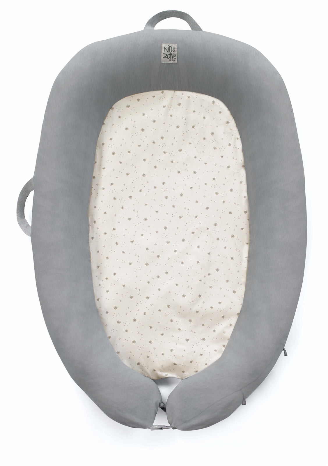 Gray baby bed with white cushion on a white background