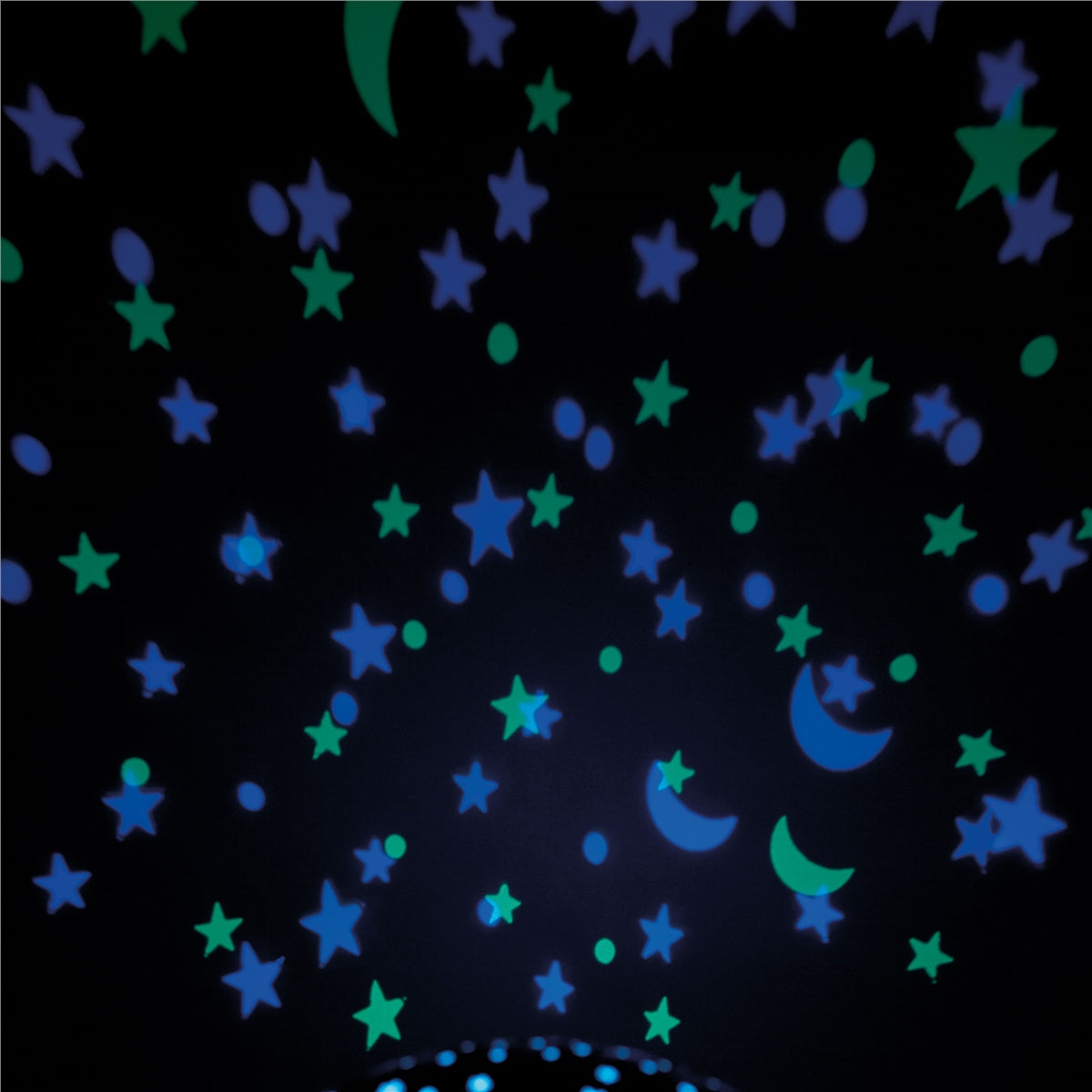 Glowing star and moon shapes on a dark background