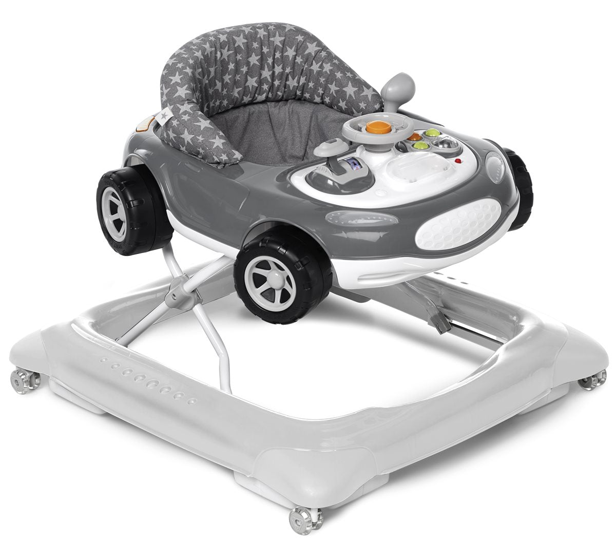 Baby walker with star-patterned seat on a white background