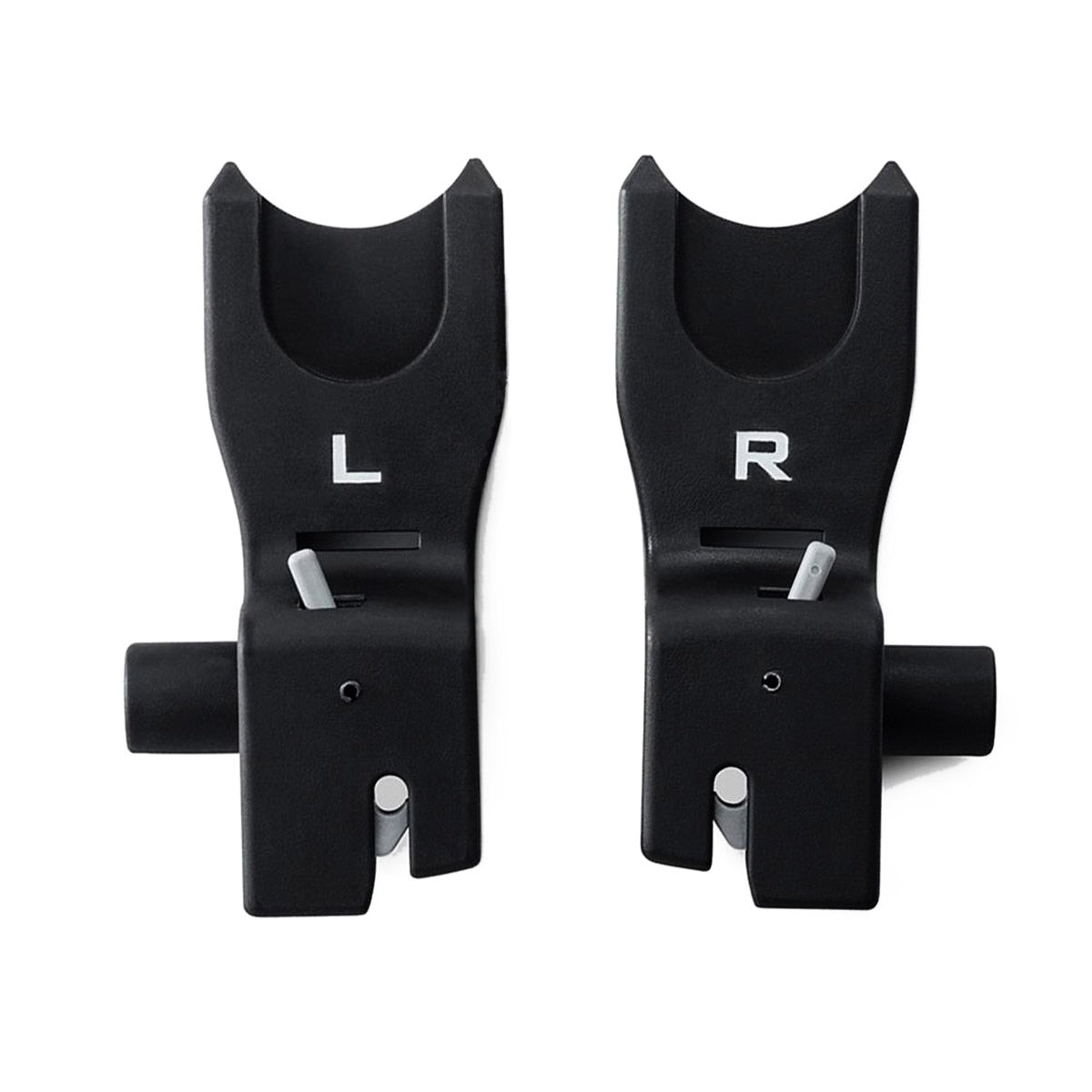 Black left and right ski boot bindings on a white background