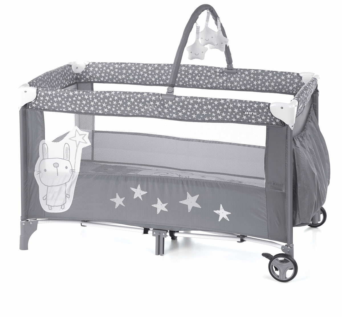 Gray baby playpen with star patterns and cartoon characters on a white background