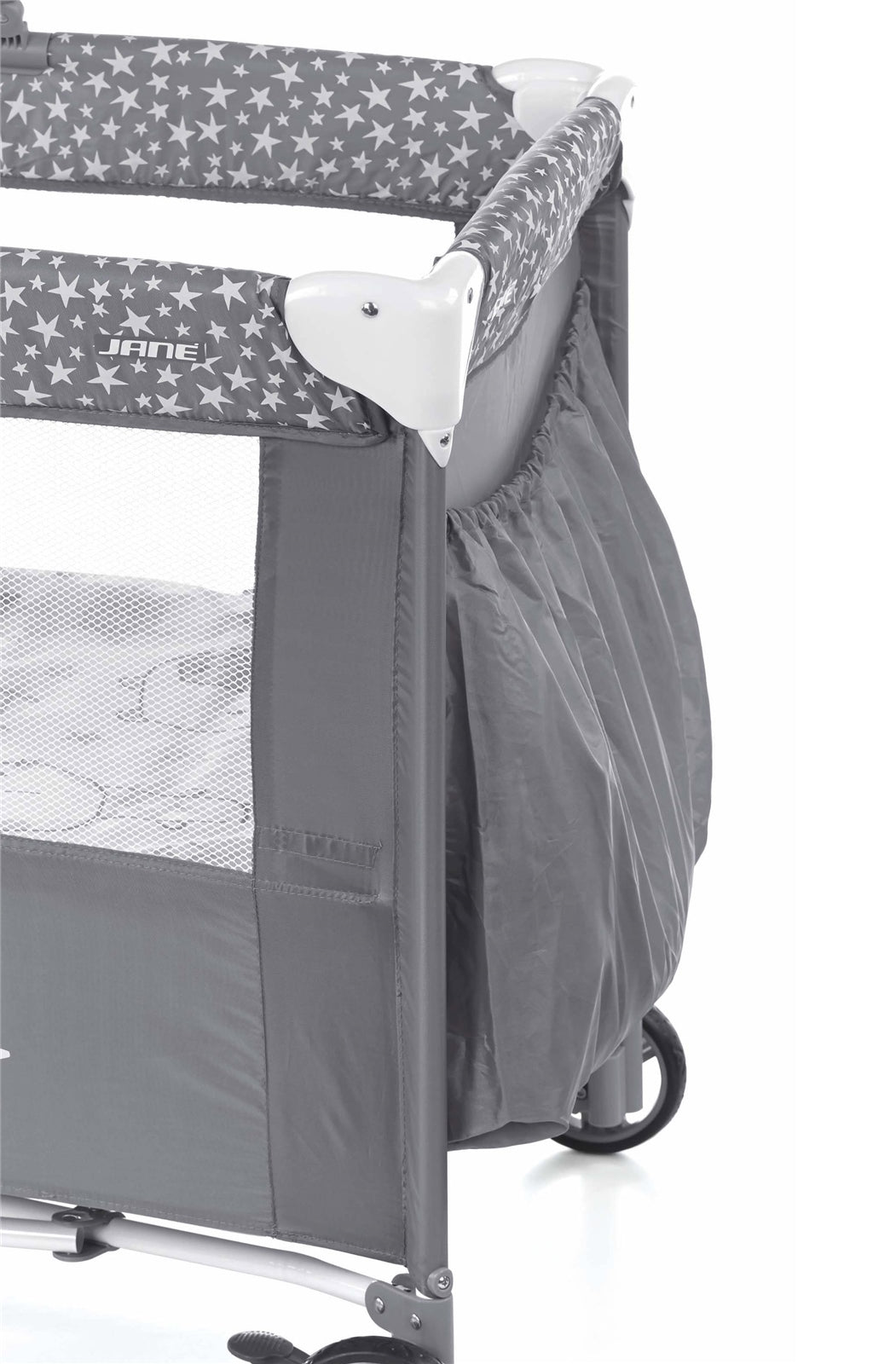 Gray baby crib with star-patterned side and 'Jane' branding on a white background